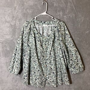 J.Jill Mint Green Floral Blouse 2X Relaxed Fit Button Front Boho Cottagecore
